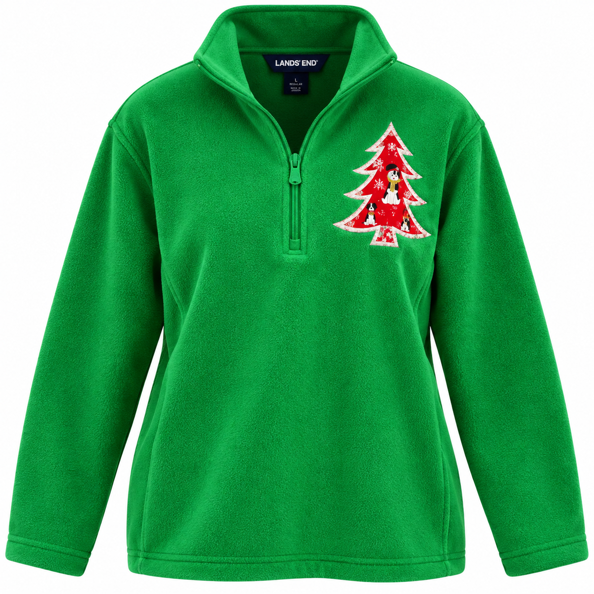 Paws Around the Christmas Tree Lands’ End Green Quarter-Zip Fleece, Size Large