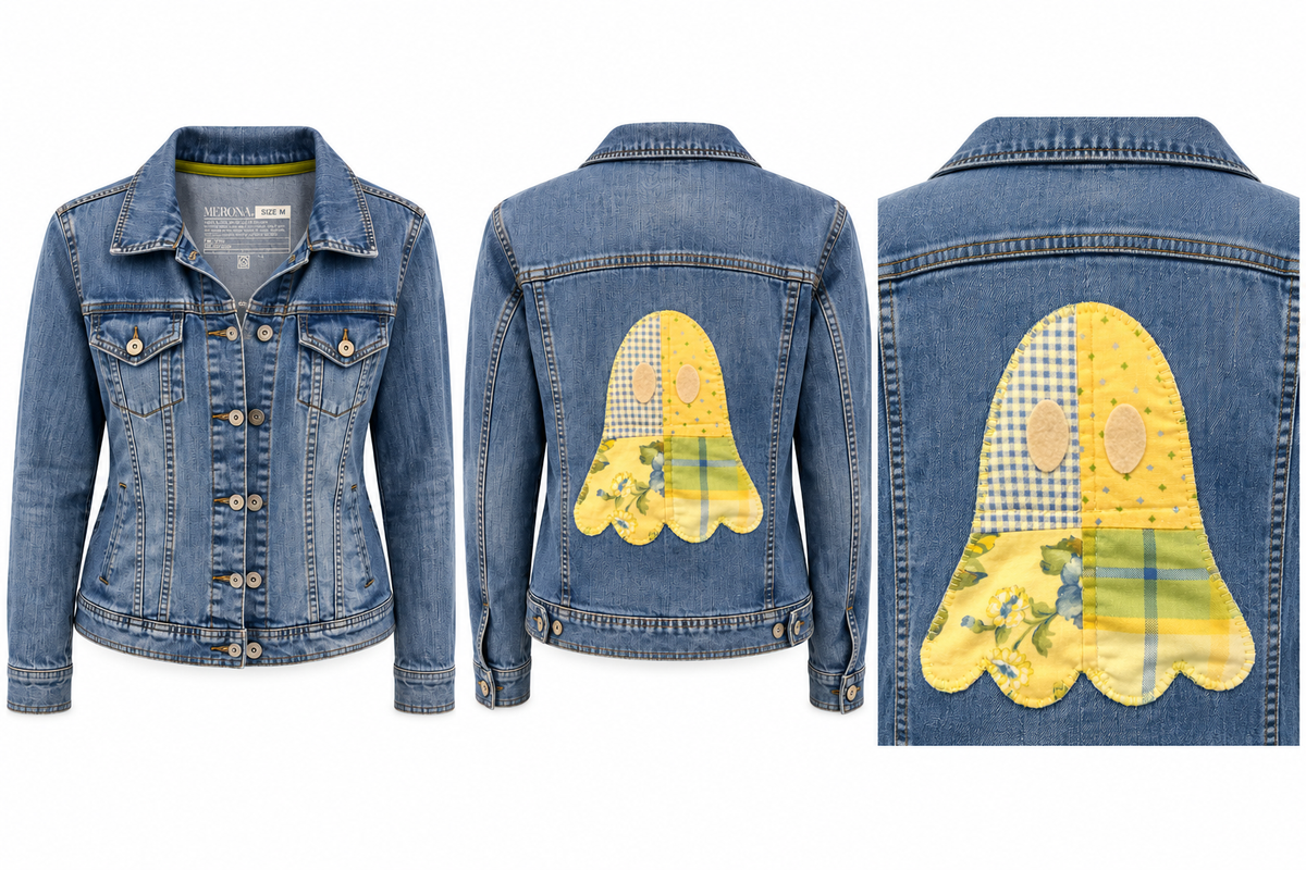 Upcycled Merona Denim Jacket with Vintage Quilt Ghost Appliqué – Size Large