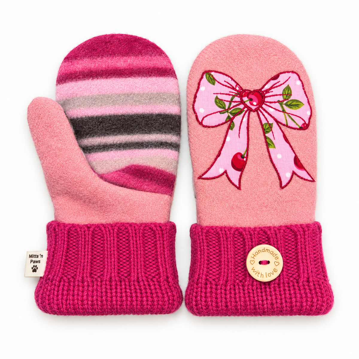 Pretty in Pink Cherry Bow Mittens Adult Medium