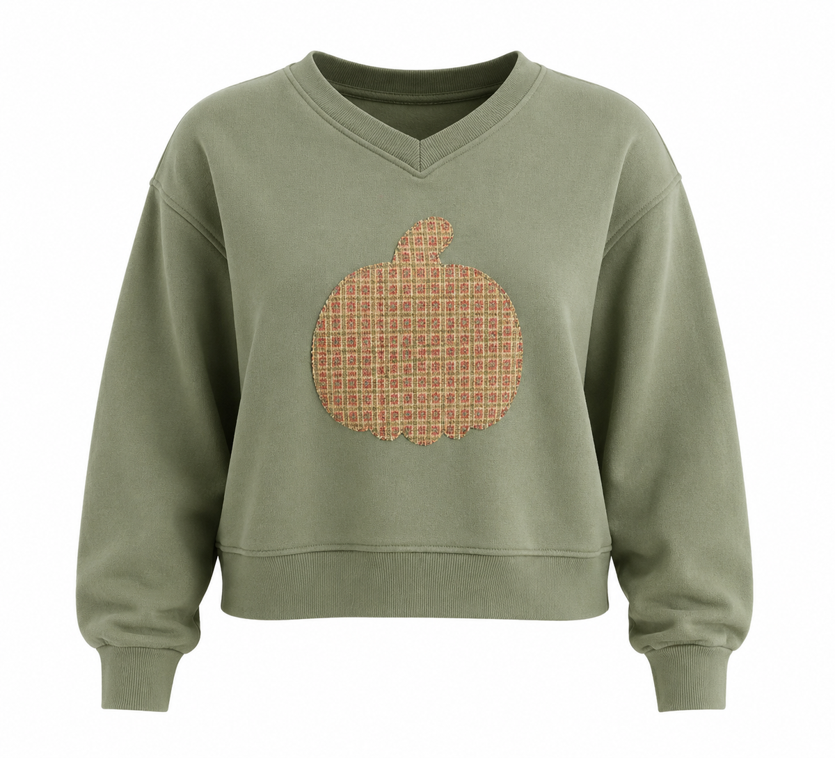 Patchy Pumpkin Upcycled Sweatshirt – Sage Green – Medium