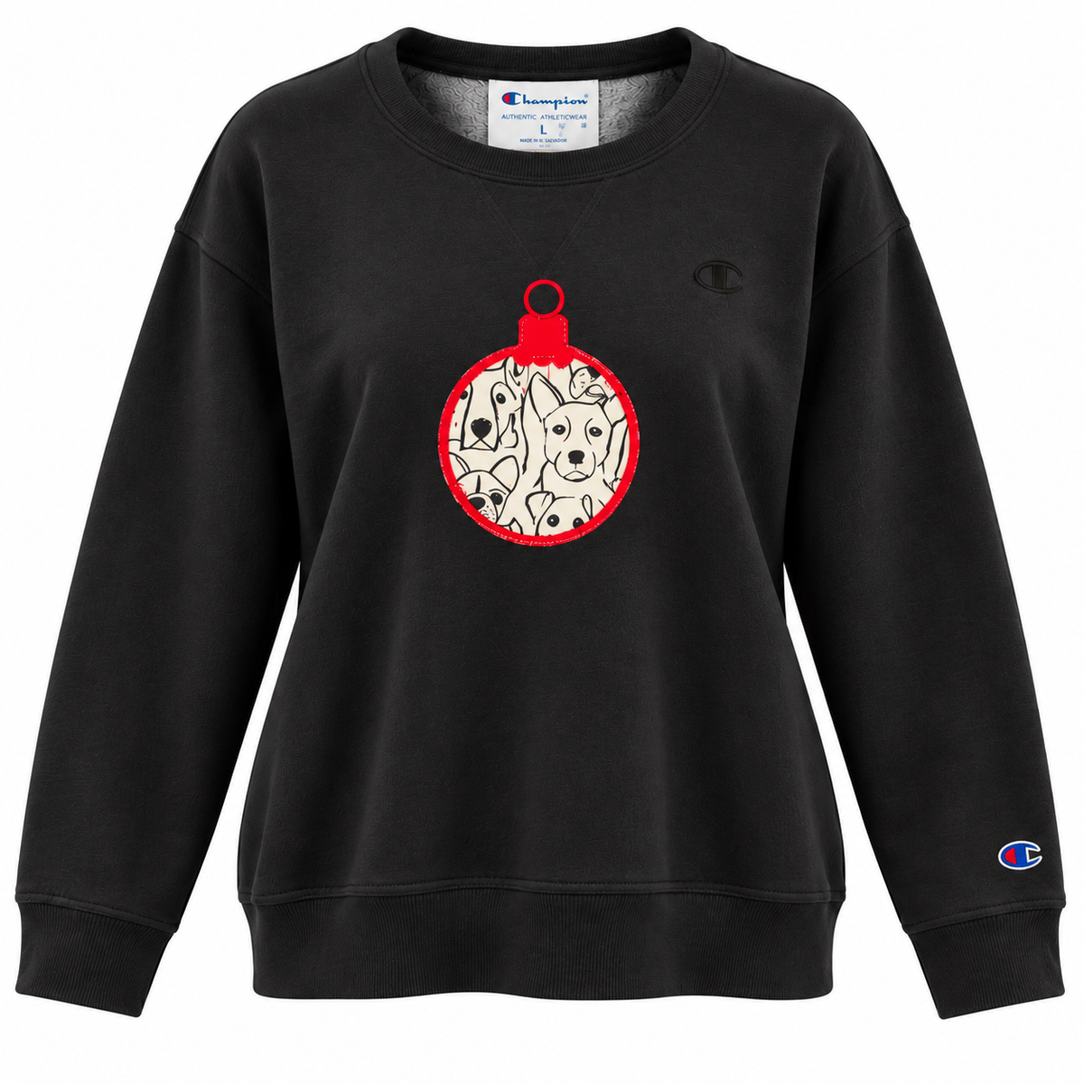 Holiday Hounds Ornament Champion Crewneck Black Sweatshirt Size Large